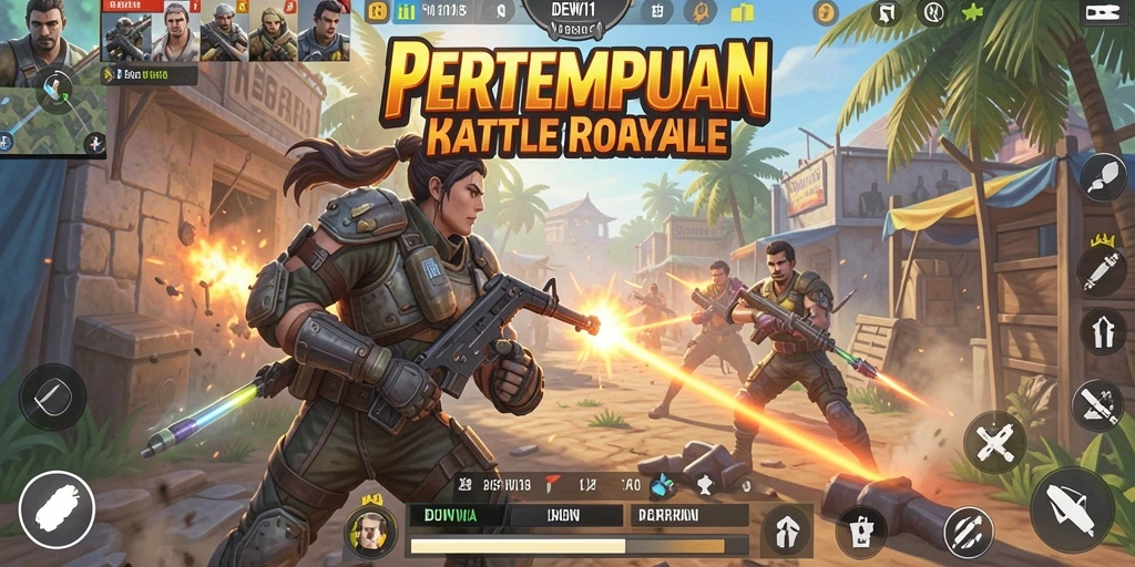 Screenshot utama DEWI11 menampilkan aksi pertempuran seru di medan tempur.