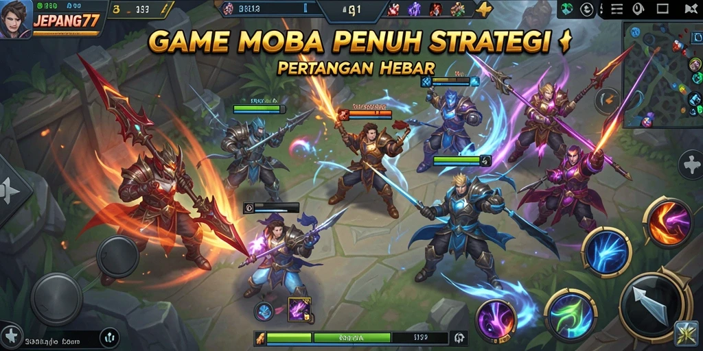 Gambaran gameplay penuh aksi di JEPANG77, game MOBA yang seru.