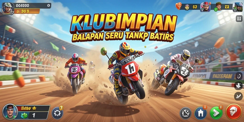 Screenshot gameplay KLUBIMPIAN yang menunjukkan aksi balapan yang mendebarkan.