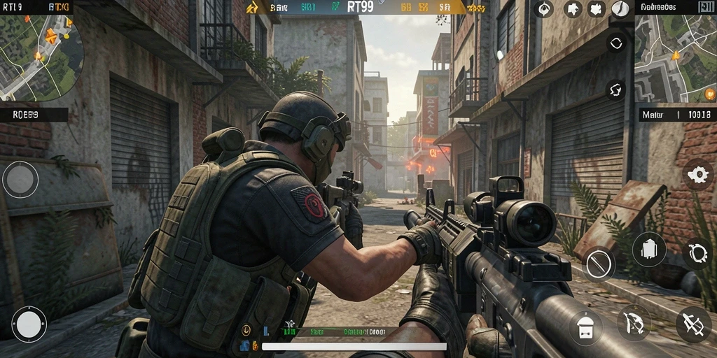 Screenshot gameplay RT99 menampilkan aksi tembak-menembak yang seru dan dinamis.
