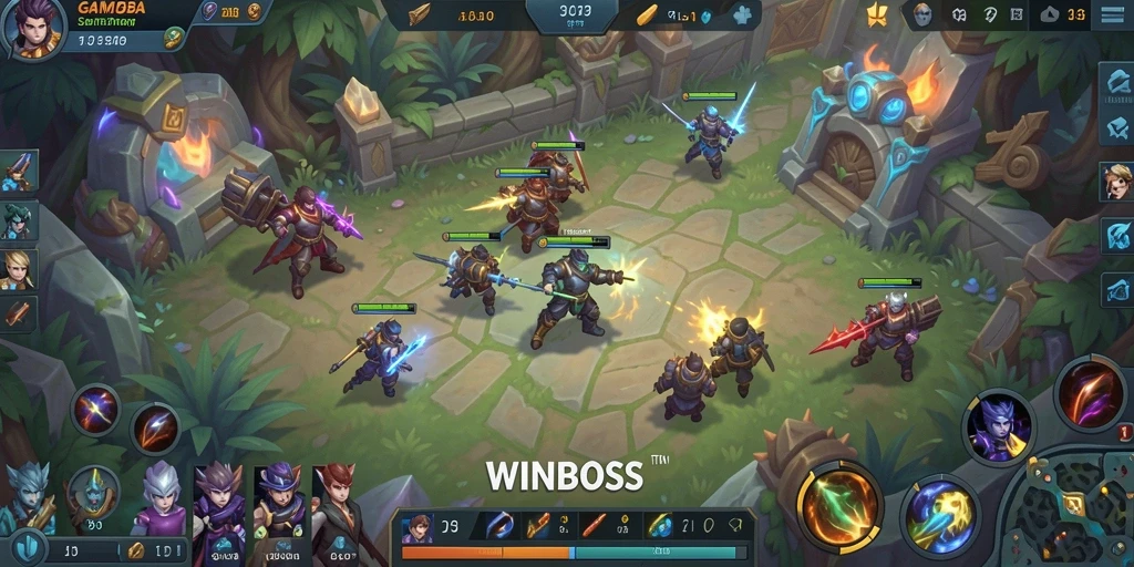 Gameplay intens di arena WINBOSS yang menampilkan pertarungan karakter.